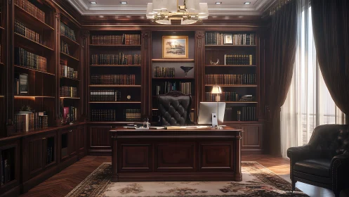Luxurious mahogany law office with classic executive desk.
