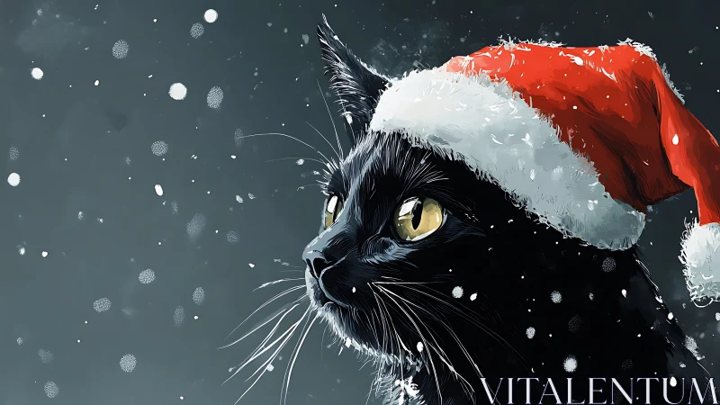 Black cat in Santa hat observes snowfall in stylized profile