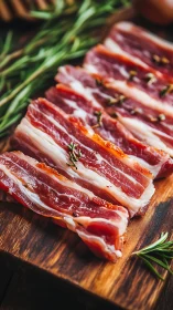 Raw streaky bacon slices on board with rosemary sprigs.