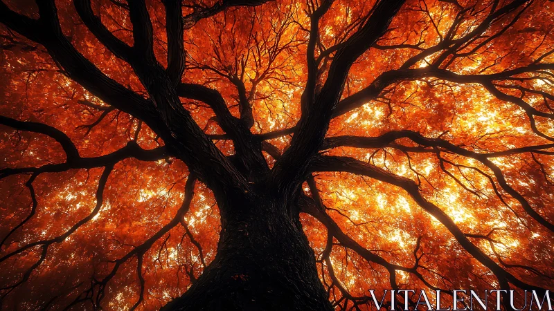 Majestic tree canopy in glowing autumn light, dramatic perspective.