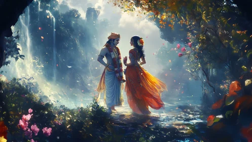 Two figures stand in glowing forest stream under filtered light