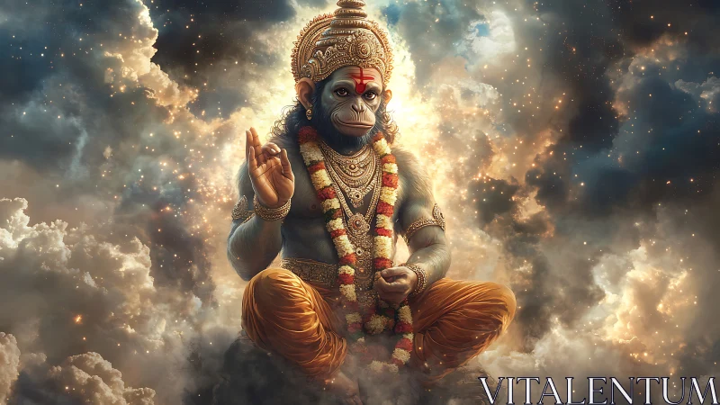 Divine simian deity in glowing celestial cloudscape digital art.