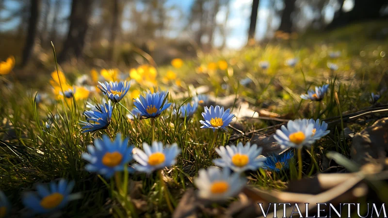 Wildflower Awakening: Blues and Yellows Dance in Spring's Sunlit Meadow.