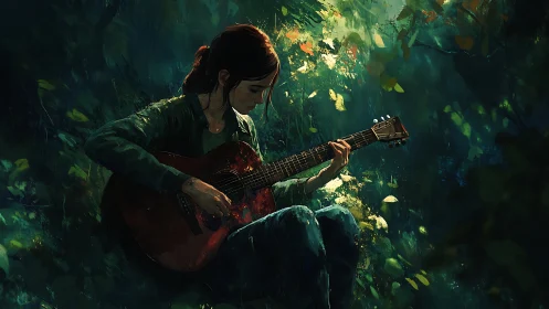 Solitary forest guitarist bathed in dappled emerald light.