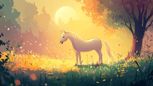 Gentle unicorn glowing softly in a golden forest meadow.