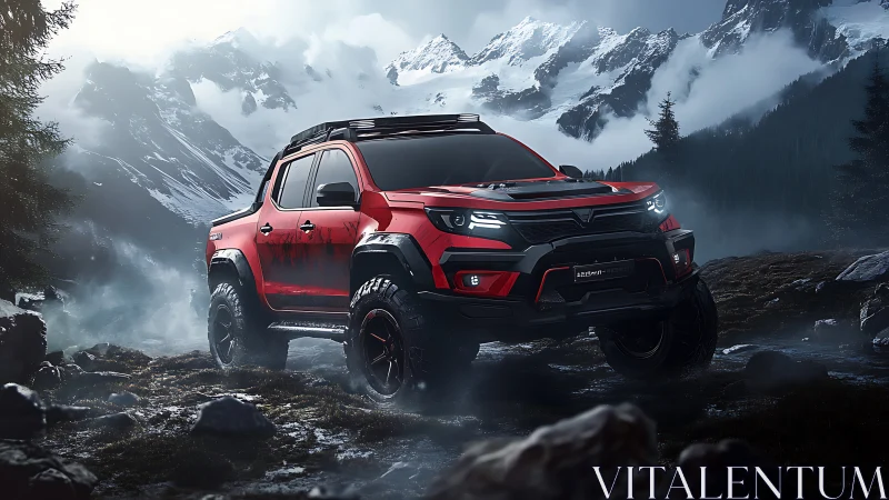 Red off road pickup truck in rugged alpine mountain terrain.