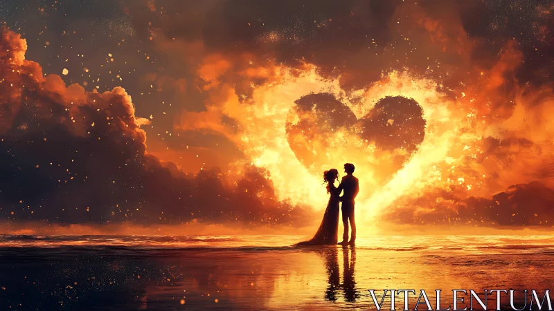 Silhouetted Couple Embracing Against Flaming Heart-Shaped Celestial Formation