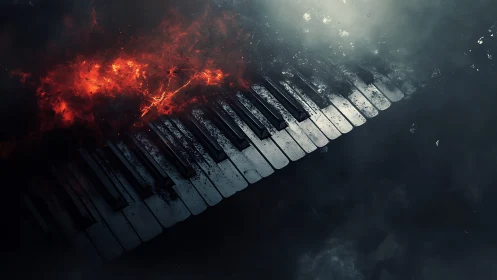 Piano keyboard remains partially consumed by controlled fire