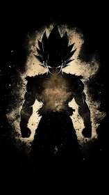 Silhouetted warrior in explosive golden particle aura.