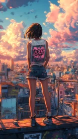 Figure stands on rooftop edge overlooking dense cityscape