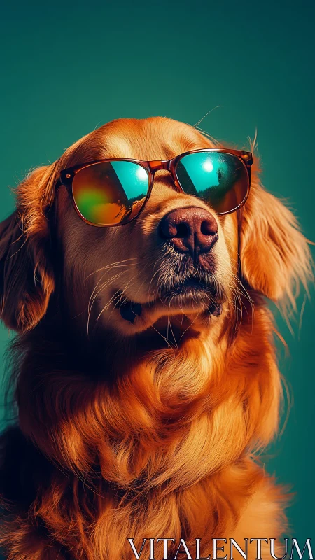 Golden retriever portrait with mirrored sunglasses, teal ground