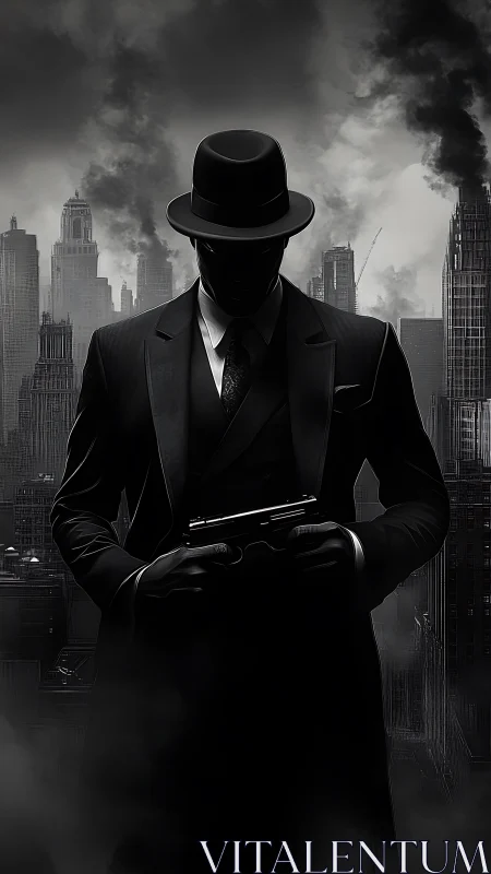 Noir hitman silhouette with pistol in smoke filled cityscape