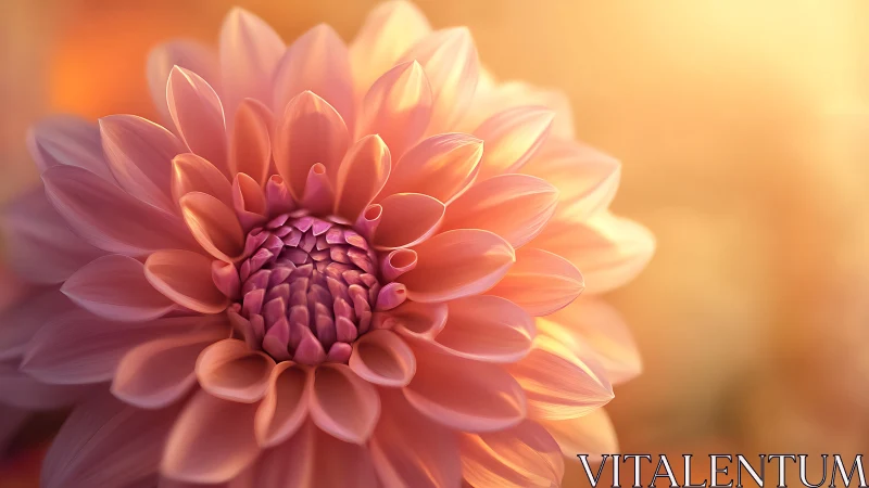 Coral Dahlia Bloom with Soft Golden Hour Backdrop.