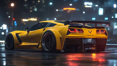 Widebody yellow Corvette sports coupe in wet neon city street