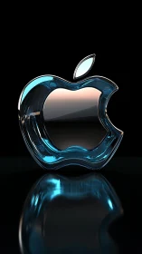 Translucent cyan apple emblem in glossy reflective glass.