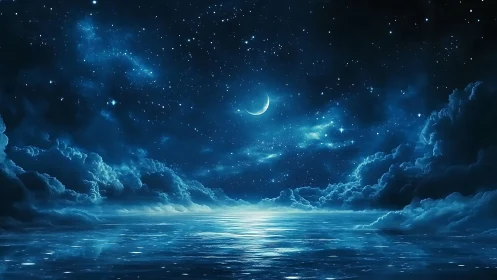Moonlit ocean welcomes a calm night under a starry sky