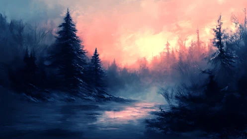 Twilight Refuge: Coniferous Forest Landscape with Suspended Atmosphere