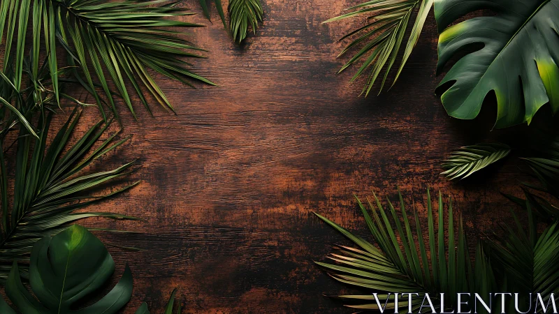 Green tropical foliage surrounds a worn brown wooden surface