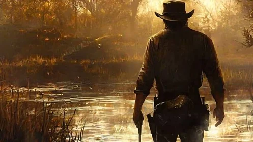 Lone armed figure standing by reflective woodland waterway.