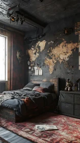 Industrial loft bedroom glows with moody traveler ambiance