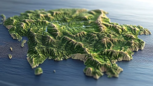 Terrain elevation model of mountainous island archipelago.