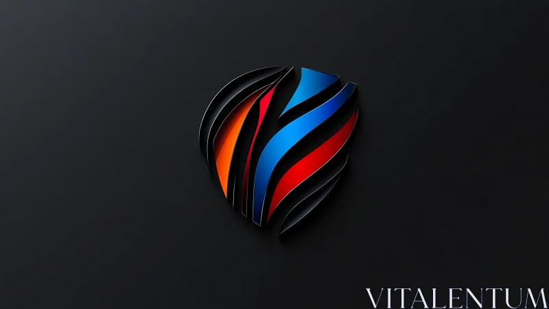 Abstract shield logo with vibrant stripes on dark background.