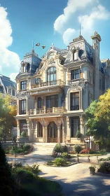 Sunlit Belle Epoque mansion guarding a tranquil garden court.