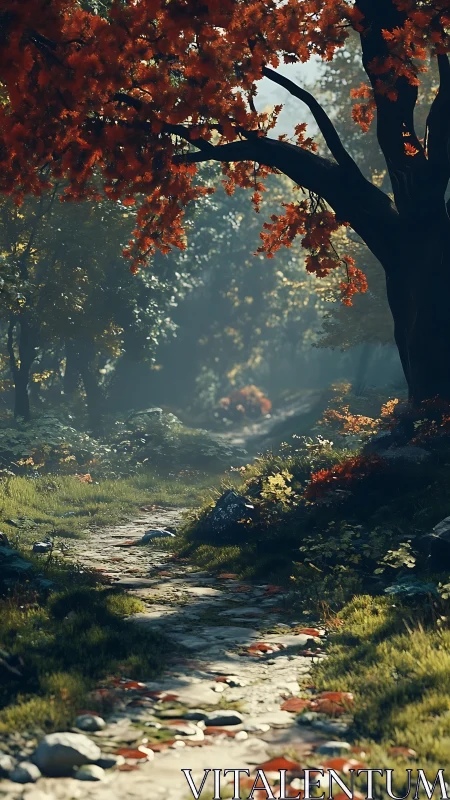 Autumn Forest Stream with Red-Leafed Trees.