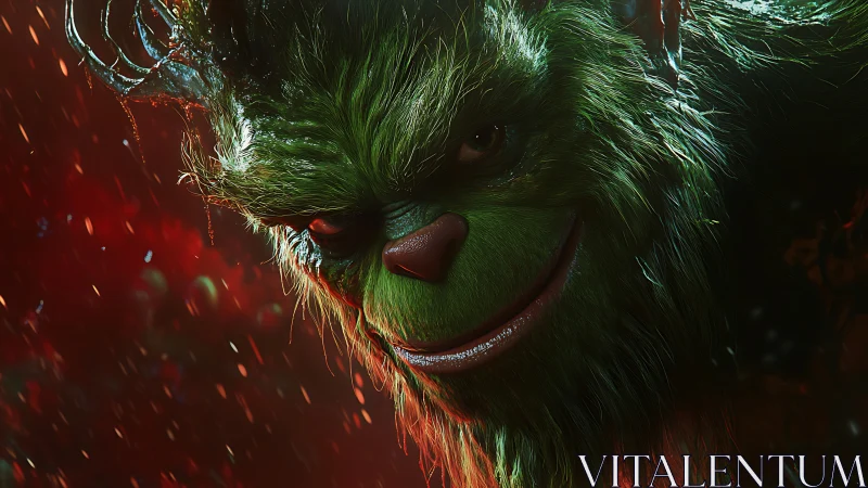 Sinister green creature grins in fiery falling embers.