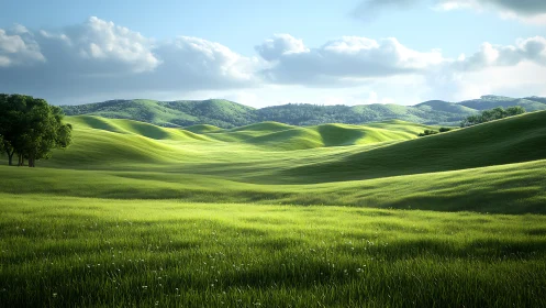Sunlit grass hills under soft cloud cover, distant ridges.
