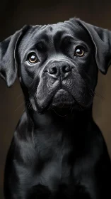 Black dog portrait under soft studio light, glossy coat.