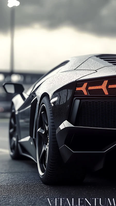 Rear view of sleek black sports car in wet parking lot.
