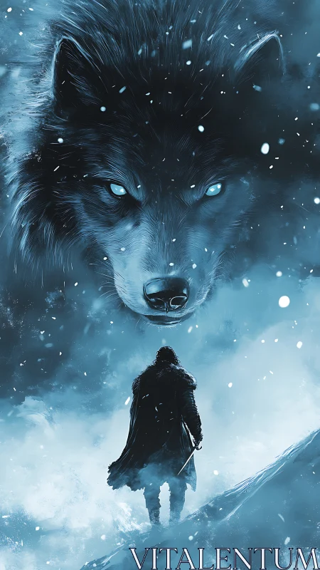 Lone warrior confronts spectral wolf in a blizzard&rsquo;s frozen hush