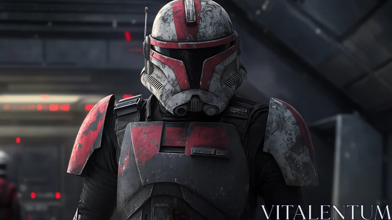 Armored sci fi soldier in worn red and white combat gear.