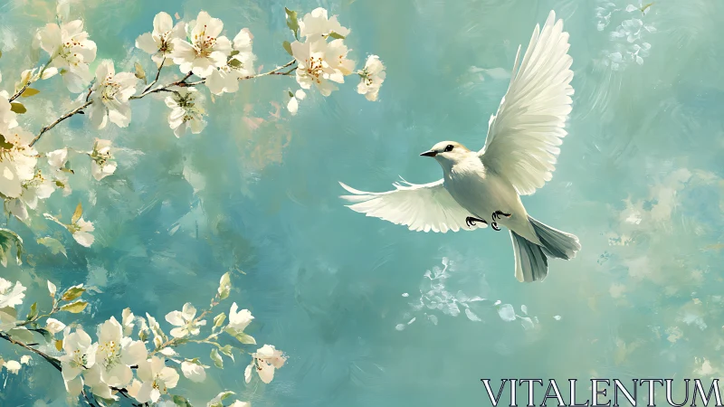 Avian kinematics amid painterly blossom gradients in flight.