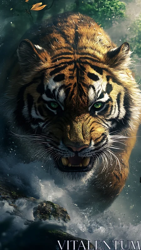 Ferocious tiger charges through stormy river in lush jungle