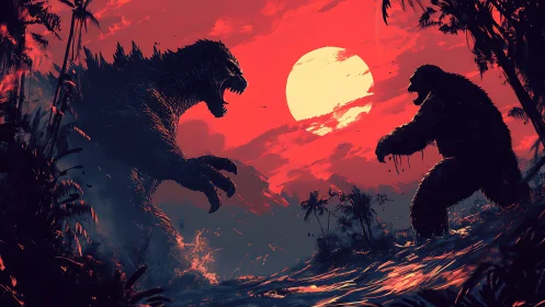 Titanic kaiju shoreline duel under saturated crimson sunset.