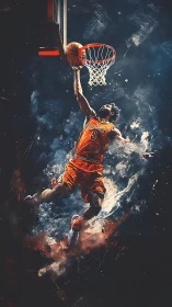 Sky-slicing slam dunker frozen in a storm of color.