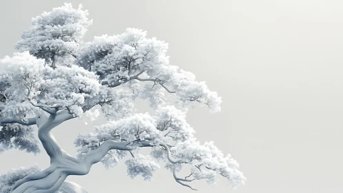 Minimalist winter tree with frosty branches on pale background.