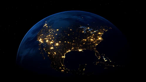 North America at night from orbit with illuminated city lights.