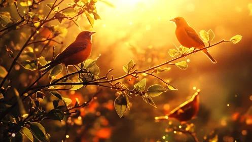 Vibrant songbirds perched on sunlit branches, golden hour glow.
