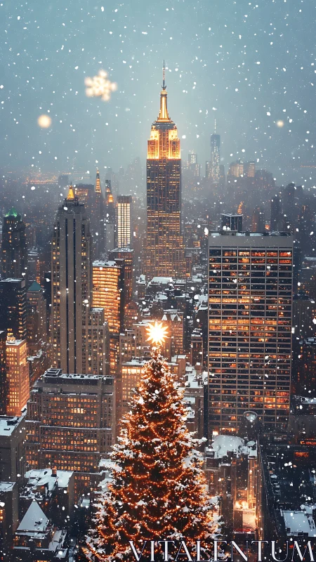 Snowfall over illuminated skyline with towering lit tree foreground