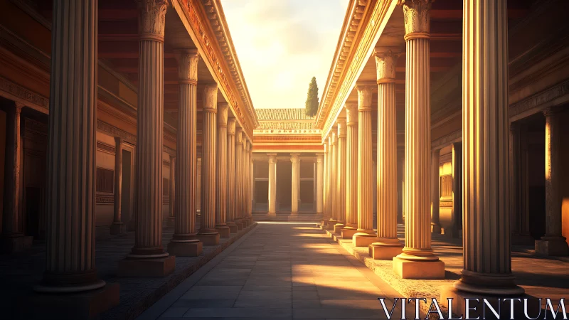 Colonnaded Roman courtyard rendered with low-angle warm sunlight