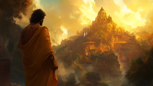 Golden robed figure overlooking vast sunlit temple city.