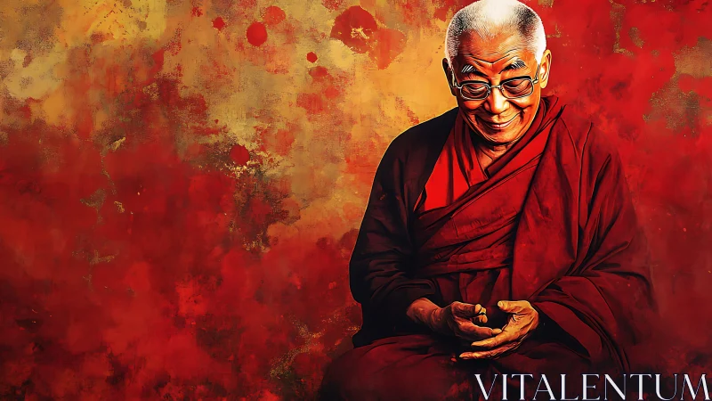 Elderly monk smiles gently before vivid red abstract field