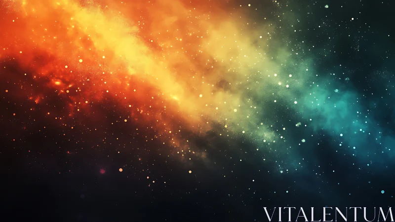 Bicolor nebula cloud spans frame with luminous particle field