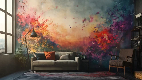 Modern loft living room with large abstract floral mural wall