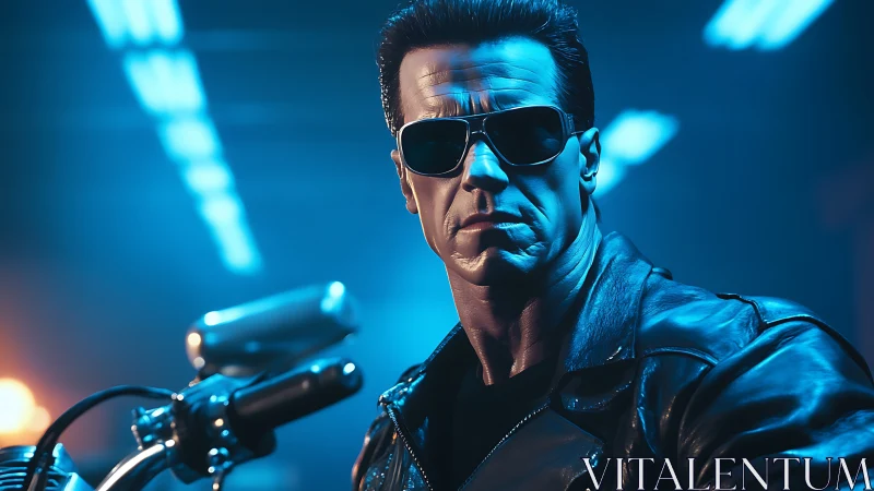 Chrome knight in leather, cruising the neon tunnel dusk.