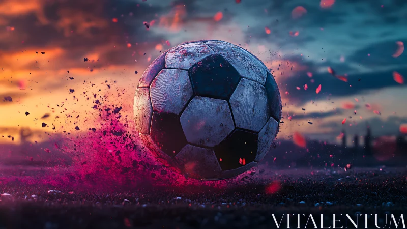 Soccer ball explodes through neon dust at sunset field