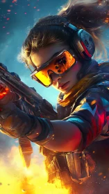 Neon Ember Sharpshooter Locked in a Cyber Battlefield Blaze.